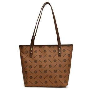 Brown vintage printed tote bag with MEILINSHIJA pattern and gold rivet accents