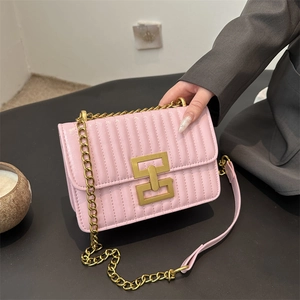 Women Fashion Quilted PU Leather Shoulder Bag With Gold Chain Geometric Lock Small Square Crossbody Bag Daily Party Handbag