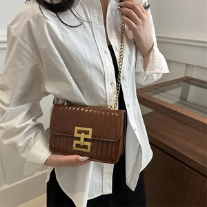 Brown textured chain crossbody bag with gold buckle shown on a model in a minimal outfit