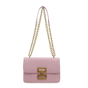 Chic pink quilted small square bag with golden chain strap and interlocking geometric buckle