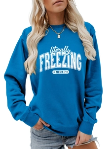 Detail of white literally freezing text print on royal blue crewneck sweatshirt