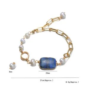 Handmade freshwater pearl and blue lapis lazuli bracelet with gold chain elements