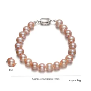 8mm rosa Süßwasserperlenarmband mit S925 Silber-Herzverschluss und 18cm Länge