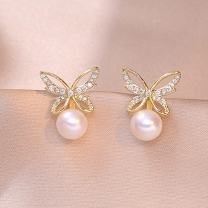 Butterfly Stud Earrings Copper Elegant Zircon Inlaid Round Artificial Pearl Dangle Korean Style For Women Daily Wear Jewelry