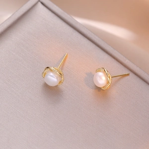 Elegant gold twisted rope earrings with round white freshwater pearls for women