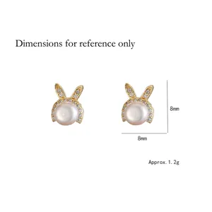 Vintage S925 silver rabbit stud earrings with natural freshwater pearls and crystal accents
