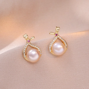 Pink Freshwater Pearl Earrings With 925 Sterling Silver Earring Post Hollow Ribbon Bow Drop Rhinestone Korean Style Elegant Women