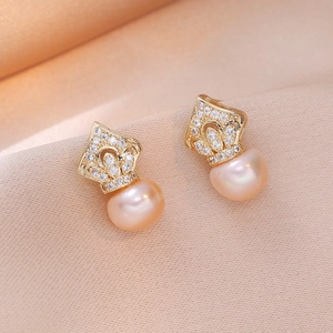 Elegant 18K gold-plated freshwater pearl earrings with crown-shaped zircon inlay detail