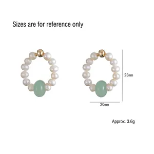 Elegant natural freshwater pearl and green aventurine hoop earrings with size measurements