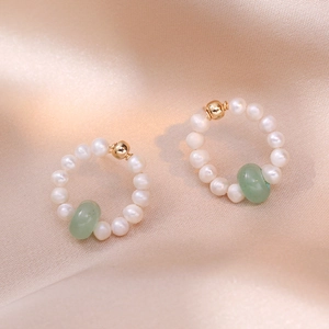 Aventurine Jade Freshwater Pearl Circular Hoop Earrings With Silver Earring Post Handmade Retro Fashion For Women