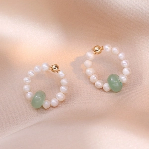 Elegant natural freshwater pearl hoop earrings with aventurine jade and golden beads