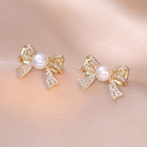Butterfly Bowknot Stud Earrings Copper With Freshwater Pearl Zircon Micro Pave Silver Earring Post Elegant Sweet For Women