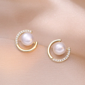 Boucles Oreilles Créoles Élégantes Forme C Géométriques Perle Eau Douce Serties Strass Bijoux Cuivre Pour Femmes Accessoire Mode