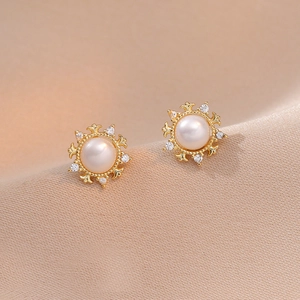 Vintage Sunflower Freshwater Pearl Stud Earrings Flower Copper Zircon French Luxury Jewelry For Women With Silver Earring Post