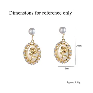 French vintage rose shell earrings with pearl border and measurements 30mm by 16mm