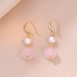 Vintage Drop Earrings With Brass Hook Natural Freshwater Pearl And Pink Carved Flower Crystal For Women Elegant Jewelry