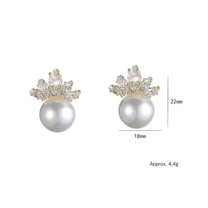 Elegant crown pearl earrings with marquise zircon studs in a minimalist vintage style