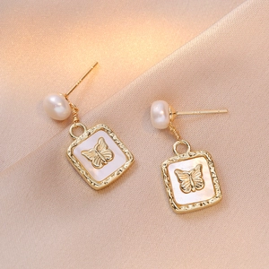 Vintage Butterfly Freshwater Pearl Drop Earrings With 925 Sterling Silver Earring Post Mother Of Pearl For Women
