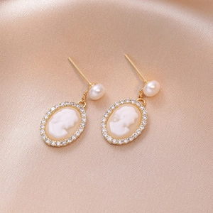 Vintage Cameo Portrait Dangle Earrings With 925 Sterling Silver Earring Post Gold Plated Copper Freshwater Pearl Jewelry For Women