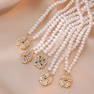 Natuurlijke Zoetwater Parelketting Met Magnetische Klavertje Vier Hart Hanger Zirkonia Koperen Sleutelbeenketting Mode Sieraden Dames