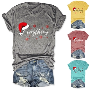 Detail of Christmas Everything print T-shirts in grey, yellow, red and green colors