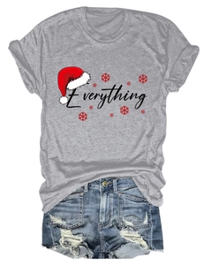 Close-up of Everything logo and Christmas hat print on grey short sleeve T-shirt