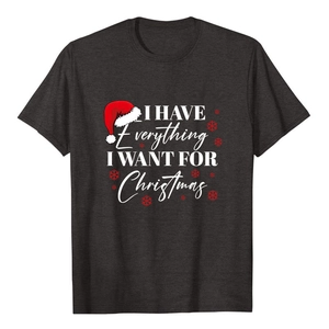 Close-up of charcoal crewneck t-shirt with Christmas graphic and holiday typography