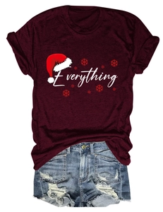 Burgundy Christmas T-shirt featuring Everything print and snowflake detail