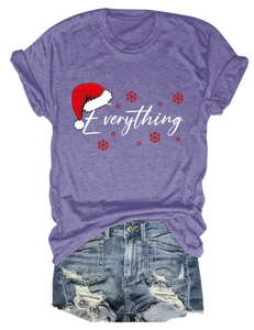 Close-up of Everything print purple T-shirt paired with distressed denim shorts