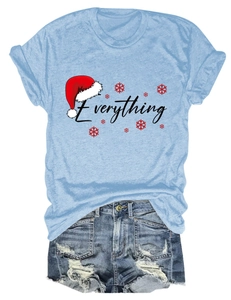 Detail of Christmas t-shirt with Everything print and distressed denim shorts set