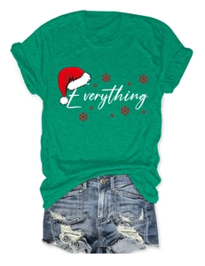 Detail of green T-shirt with Everything print and distressed denim shorts set