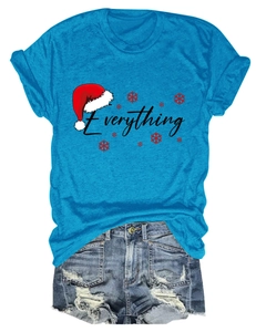 Detail of blue cotton T-shirt featuring Everything print and distressed denim shorts set