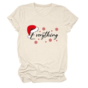 Detail of light beige t-shirt with black Everything text and red Christmas hat icons