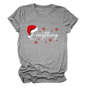 Detail of grey Christmas T-shirt featuring 'Everything' print and a festive red hat icon