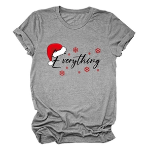Close-up of Everything text and Santa hat print on heather grey cotton t-shirt