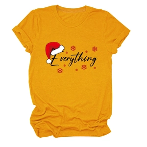 Detail of ginger yellow Christmas T-shirt featuring Everything text and Santa hat print