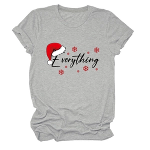 Close-up of festive Christmas hat and red snowflake prints on grey cotton T-shirt