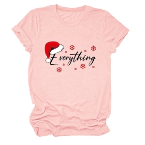 Detail of pink cotton T-shirt with Everything text and festive Christmas hat print