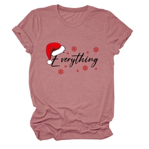 Detail of dusty rose T-shirt with Everything text and festive Christmas hat print