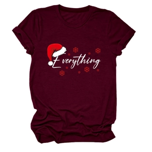 Detail of wine red Christmas T-shirt featuring Everything script and holiday hat print