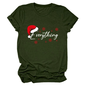 Detail of dark green cotton T-shirt featuring Christmas theme print and soft fabric texture