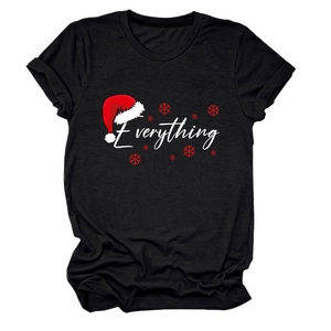 Detail of cotton Christmas T-shirt featuring 'Everything' text with festive red snow flakes