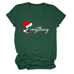 Detail of green Christmas T-shirt with white Everything text and red festive snowflake print