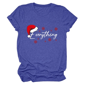 Detailed flat lay of blue Christmas t-shirt with festive hat and snowflake printing