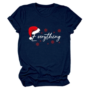 Detailed flat lay of dark blue Christmas t-shirt with Everything print and Santa hat