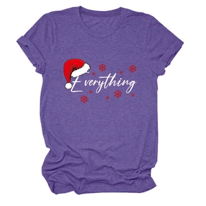 Detail view of purple cotton T-shirt featuring Christmas hat and Everything print