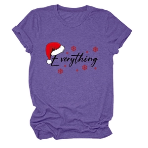 Detail of purple cotton Christmas T-shirt featuring Everything print and festive santa hat