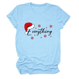 Light blue crewneck t-shirt with Christmas-themed Everything graphic and festive snowflakes