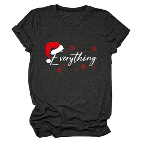Detail of grey Christmas t-shirt featuring Everything text and red snowflake patterns