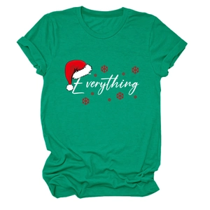 Detail of forest green Christmas T-shirt with Everything print and red Santa hat graphic